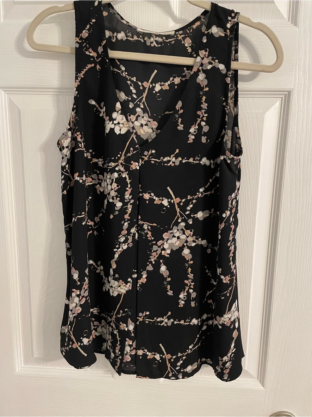Daniel Rainn Black Floral V-Neck Sleeveless blouse with Blush and Cream Blooms